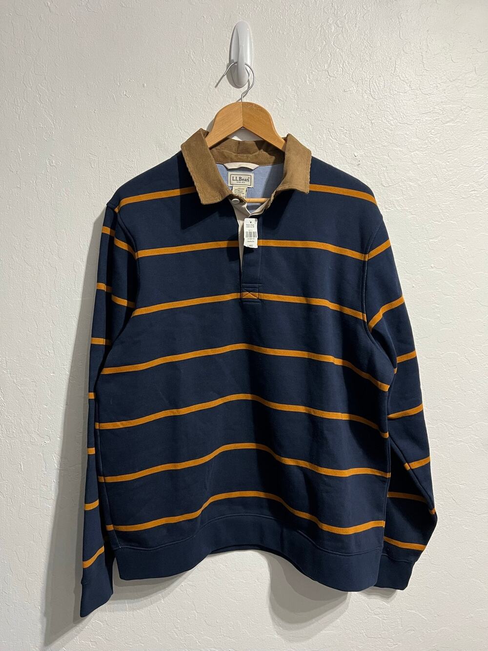 NWT LL Bean Sweatshirt LG Rugby Corduroy Polo Stripe Navy Blue Yellow Mariner
